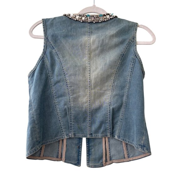 Vintage  Lynn Adler Hand Beaded Denim Vest With Rhinestones & Pearls - Picture 4 of 12